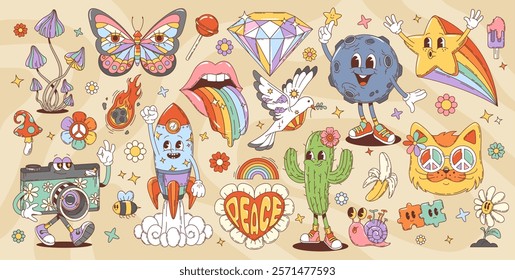 70s 80s retro cartoon groovy characters and hippie symbols. Vector funny flower, butterfly, rainbow and butterfly, star and cat in sunglasses personages. Psychedelic peace symbol, daisy and puzzle