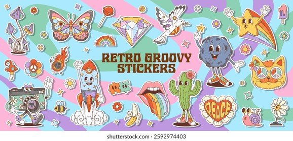 70s 80s retro groovy characters and hippie stickers pack. Cartoon vector peace symbol, rainbow and mushroom, butterfly, diamond, dove and shooting star. Moon, rocket, flaming comet or cactus patches