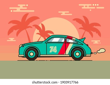 70's, 80's retro vintage illustration of a car on the beach. Fashionable poster simple graphic old style with sunset, old-fashioned racing car and palm trees. Easy editable template. Vector.