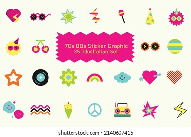 70s 80s Sticker Graphic Illustration Set