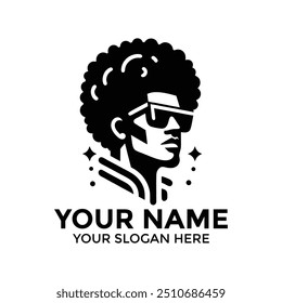70s, 80s, Diseño de logotipo de Vector con estilo: Afro Icono de cabeza de silueta para el diseño de logotipo de marca creativa, elegante, Vector de silueta de diseño de cabeza de Vector mínimo