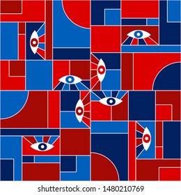 70s bauhaus geometric seamless pattern with eyes. Abstract vector mondrian pattern fabric print. Geometric grid elements, open eyes bauhaus style seamless  collage design.