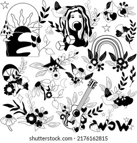 70s Black and white groovy element, Retro girl, sun, flowers, leaves, mushroom, bird, rainbows and lettering. Cute compositions in vintage hippy style. Vector illustration.