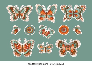 Colección de stickers de mariposas y flores de estilo vintage de los años 70. Conjunto de ilustraciones vectoriales aisladas de insectos.