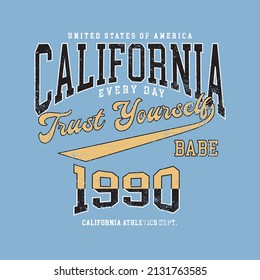 70's College California slogan typography for t-shirt. Varsity slogan print tee shirt, sport apparel print. Vintage graphics. Vector illustration.