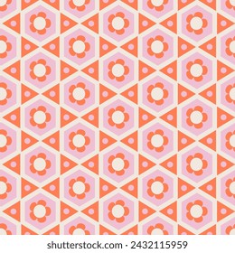 70s colorful retro vintage mid century Modern geometric floral seamless pattern with daisy flowers and hexagonal tile. Flat vector illustration.