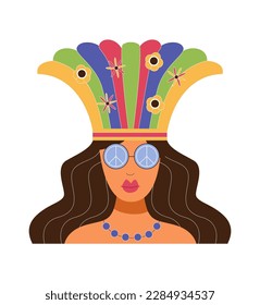 The 70s concept vector illustration. Woman in round glasses with peace sign and colorful waves and flowers from the head. Isolated on white. 