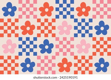 70s daisy flowers and checker board seamless pattern design. Hand drawn groovy vector illustration in red, pink, and blue colors.