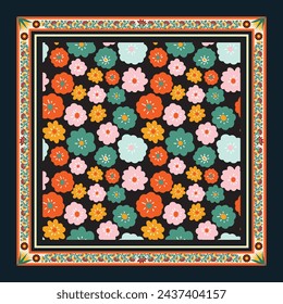 70S Daisy Flowers, flower scarf, Seamless Pattern Pack in Orange, Pink Colors. Hand-Drawn Vector Illustration. bandanna print. square silk scarf.