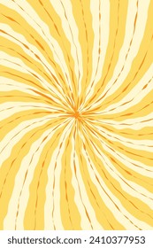 70er Jahre Designhintergrund. Verdrilltes, wirbelndes, radiales Muster mit gelber und orangefarbener Farbe.