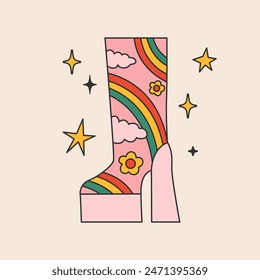 70s disco boot with rainbow, clouds, stars and flowers. Groovy style shoe on platform and heel. Fun psychedelic illustration. Retro vector design