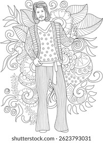 70s Fashion Coloring Page Illustration, Black and white line art illustration depicting a person in groovy 1970s fashion, featuring bell-bottom pants, a patterned shirt, and a detailed psychedelic