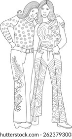 70s Fashion Friends Line Art, Line art illustration for coloring featuring two young women in 1970s retro fashion with detailed clothing patterns. Perfect for coloring books or vintage design