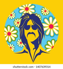 70's fashion man with colorful flower pattern background 