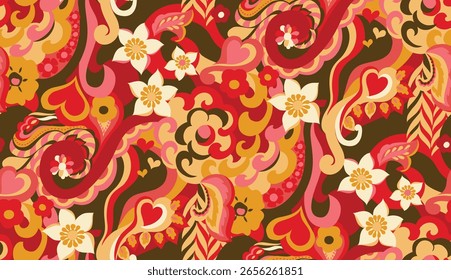 70s Flower and Hearts Seamless Vector Repeat in warm orange, red and brown with curvy swirls, very psychedelic