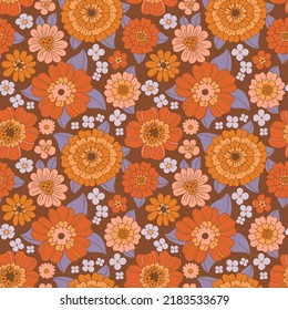 70s flowers background, groovy flower seamless pattern. Hippie aesthetics, vintage style, fall colors. Sunflowers and dahlias with purple foliage. Retro textile design, vector illustration. Boho chic