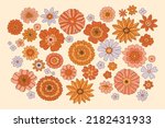 70s flowers. Hippie aesthetic vector illustration. Set of floral elements in the retro style of the 70's, 60's. Boho chic floral background. Flover power.Groovy design.