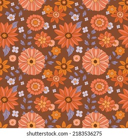 70s flowers seamless pattern. Groovy daisi flower. Hippie aesthetics, vintage style, fall colors. Sunflowers and dahlias with purple foliage. Retro textile design, vector illustration. Boho chic.