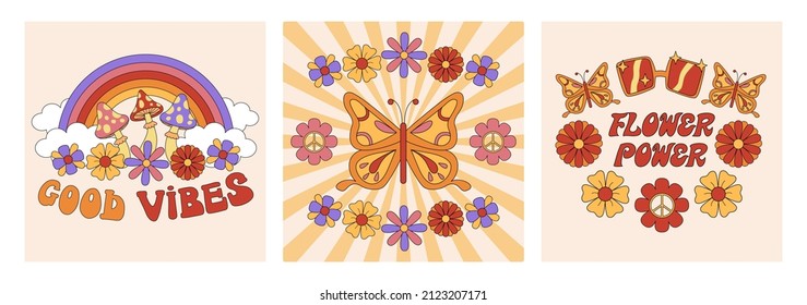 70s groove posters. Retro prints with hippie elements for T-shirt, cards, stickers. Cartoon psychedelic illustration with mushrooms, flowers, butterflies и inscriptions.