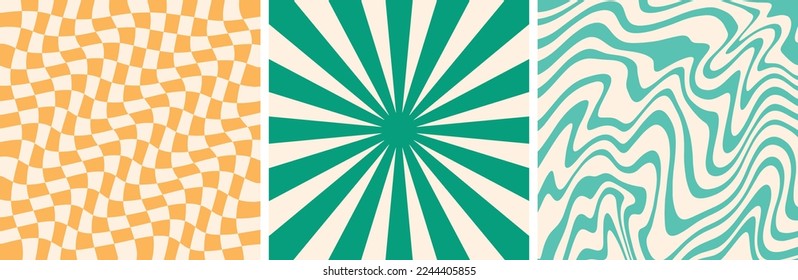 70s Groovy Abstract Sunburst, Swirl, Checkerboard Vector Set Illustration