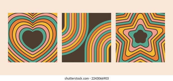 70s groovy background set in retro style. Psychedelic rainbow lines, heart, star