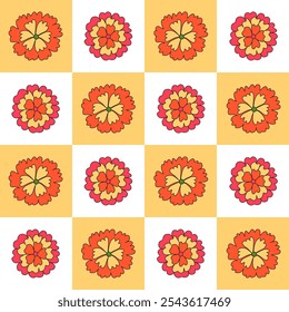 70s groovy checkered seamless pattern. Retro chessboard floral ornament. Psychedelic daisy, chamomile. Flower power. Geometric botanical background, wallpaper, digital paper. Good vibes only. Vector.