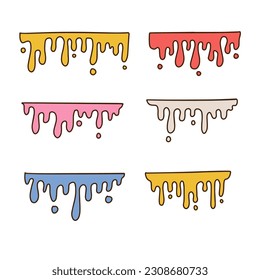 70s groovy colorful melting drops set. Contour hand drawn vector illustration. Nostalgic decor elements collection.