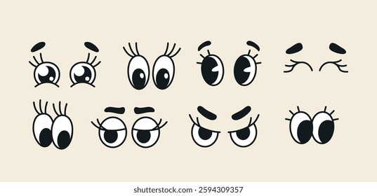 70s groovy comic set. Cute retro icons with cartoon eyes expressing different emotions. Design Elements for Character Constructor. Outline doodle illustration collection isolated on background