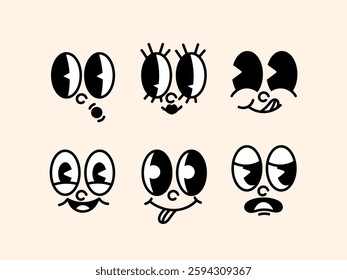 70s groovy comic set. Cute retro icons with cartoon faces with eyes and lips expressing different emotions. Design elements for sticker. Outline doodle illustration collection isolated on background