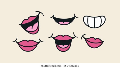 70s groovy comic set. Cute retro icons with cartoon smiling lips or mouths expressing the emotion of joy. Design Elements for Stickers. Outline doodle illustration collection isolated on background