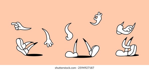 70s groovy comic set. Vintage cartoon arms and legs in different poses. Design elements for stickers and social networks. Outline doodle illustration collection isolated on background