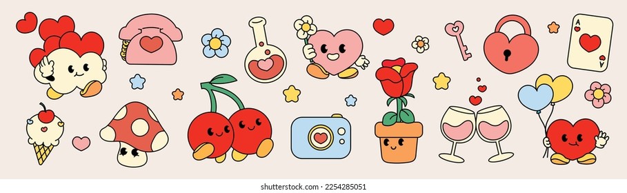 Juego de vectores de elementos de doodle de groovy de los años 70. Cómic lindo retro colección hippie de corazones, teléfono, flores, vasos de vino, cereza, setas, poción. Diseño para tarjeta de San Valentín, decorativo, pegatina, impresión.