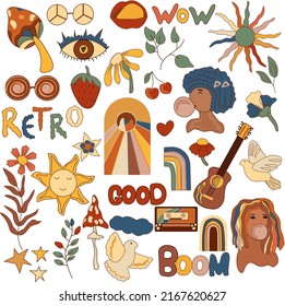 70s groovy element, Colorful girl, sun, flowers, leaves, mushroom, bird, retro rainbows and lettering. Vintage hippy style. Vector illustration.
