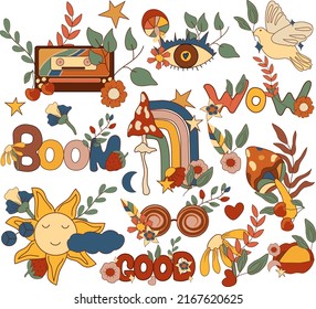 70s groovy element, old cassette, sun, colorful flowers, leaves, mushroom, bird, retro rainbows and lettering. Cute compositions in vintage hippy style. Vector illustration.