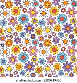 70s groovy flower pattern, chamomile and daisy flowers vintage print. 60s abstract floral fabric, psychedelic retro colors. Decor textile, wrapping paper, wallpaper vector seamless background