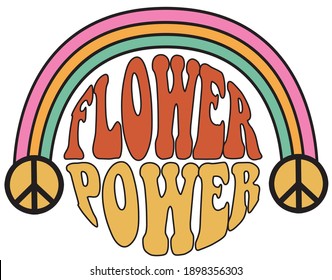 70s Groovy Flower Power Slogan With Rainbow Illustration Print For Kids And Girl Tee - T Shirt Or Sticker