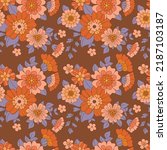70s Groovy flower seamless pattern with a brown background and purple leaves.Retro style vintage fall design.  Hippies floral vector art illustration. Boho chic.