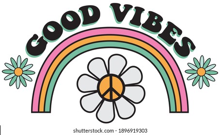 70s groovy good vibes slogan with rainbow and daisy illustration print for kids and girl tee - t shirt or sticker