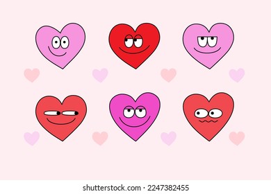 70s groovy heart cartoon character set  Hand drawn funky heart stickers in retro style for valentines day greeting cards 
