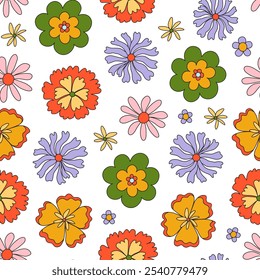 70s groovy hippie floral seamless pattern. Retro psychedelic daisy, chamomile. Flower power. Trippy floral botanical background, wallpaper, digital paper. Good vibes only. Vector.