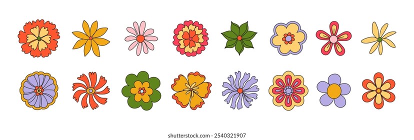 70s groovy hippie flowers. Retro psychedelic daisy, chamomile. Flower power. Trippy floral botanical stickers. Good vibes only. Vector isolated on white.