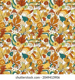 70s groovy hippie retro seamless pattern. Vintage floral vector pattern. Wavy floral background with rainbow, leaves, mushroom, pumpkin and flowers. Doodle hippie print for wallpaper, banner, fabric.