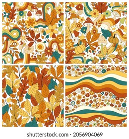 70s groovy hippie retro seamless pattern set. Vintage floral vector pattern collection. Wavy floral background with rainbow, leaves, mushroom,pumpkin,flowers. Doodle hippie print for wallpaper, fabric