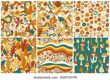 70s groovy hippie retro seamless pattern set. Vintage floral vector pattern collection. Wavy floral background with rainbow, leaves, mushroom,pumpkin,flowers. Doodle hippie print for wallpaper, fabric