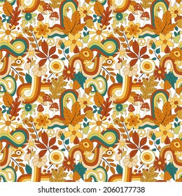 70s groovy hippie retro seamless pattern. Vintage floral vector pattern. Wavy fall background with rainbow, leaves, mushroom, pumpkin and flowers. Doodle hippie print for wallpaper, banner, fabric.