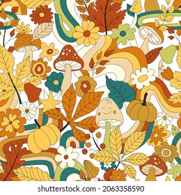 70s Groovy Hippie Retro Seamless Pattern. Vintage Floral Vector Pattern. Wavy Fall Background With Rainbow, Leaves, Mushroom, Pumpkin And Flowers. Doodle Hippie Print For Wallpaper, Banner, Fabric.