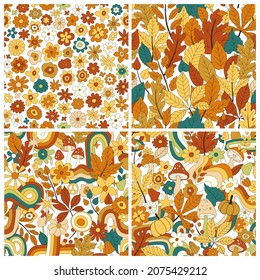 70s groovy hippie retro seamless pattern set. Vintage floral vector pattern collection. Wavy floral background with rainbow, leaves, mushroom,pumpkin,flowers. Doodle hippie print for wallpaper, fabric