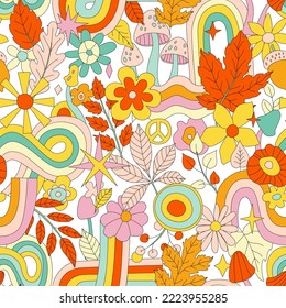 70s groovy hippie retro seamless pattern. Funky Abstract vector pattern. Wavy Groovy background with rainbow, leaves, mushroom, pumpkin and flowers. Doodle hippie print for wallpaper, banner, fabric.