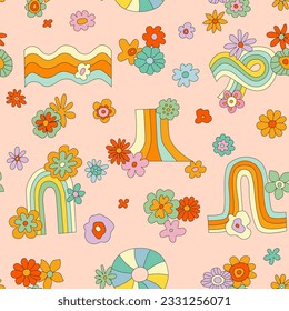 70s Groovy Hippie Seamless Pattern with Rainbow, Daisy. Abstract background Wavy geometric floral hippie print for wallpaper, banner, fabric, wrapping. Vector Groovy vintage floral repeat Pattern.