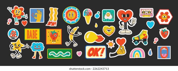 70's groovy illustrations for poster, sticker. Retro print with hippie cute crazy characters. Funky character concepts of crazy stars, dripping emoticon. Only good vibes sentence